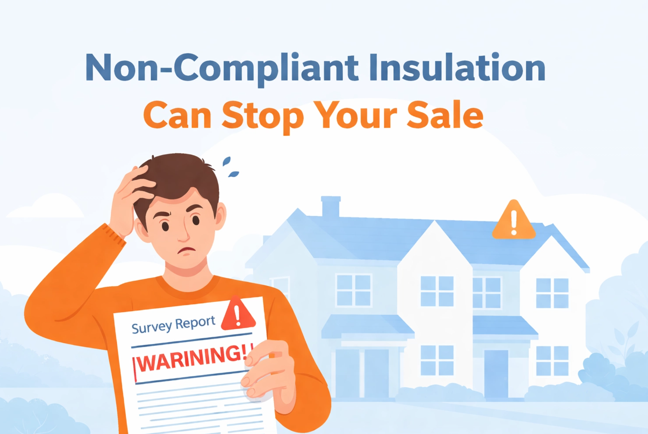 Stressed homeowner holding a warning letter outside a Birmingham semi-detached house facing insulation issues.